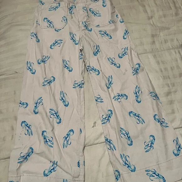 Anthropologie Cream Pants with Blue Lobster Design , super comfy and cute - Picture 2 of 4